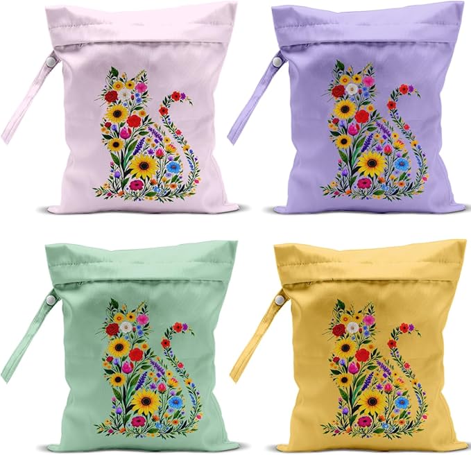 4 Pack Cute Wet Bag Waterproof Washable Reusable Wet Dry Bag for Swimsuit Clothes Cloth Diaper Travel Beach Pool Yoga Gym Party Camping Toiletries Travel Beach Essentials, Colorful Wildflowers