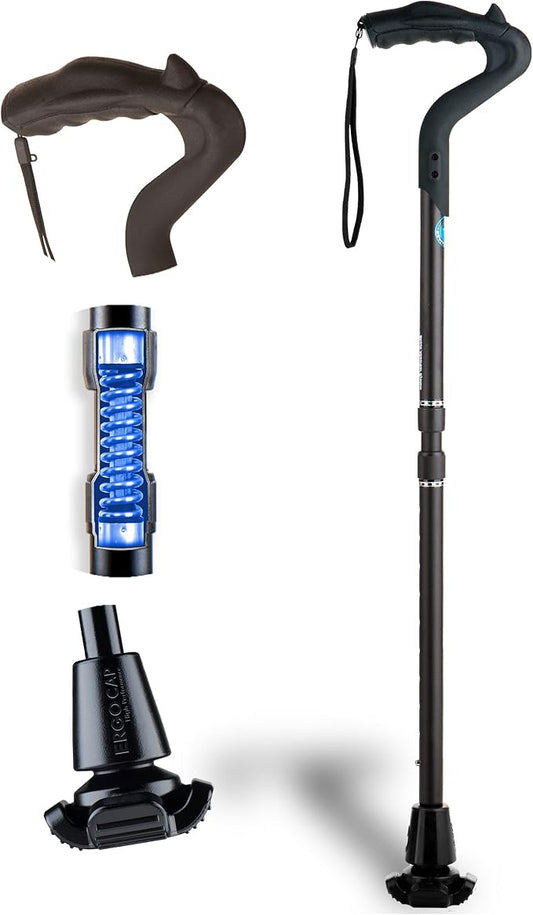 Ergocane 2G by Ergoactives As Seen On TV. Spring-Assisted Shock Absorber Fully-Adjustable Ergonomic Cane, Newly Released, Equipped with Stand Alone High Performance Rubber Tip (Matte Black Design)