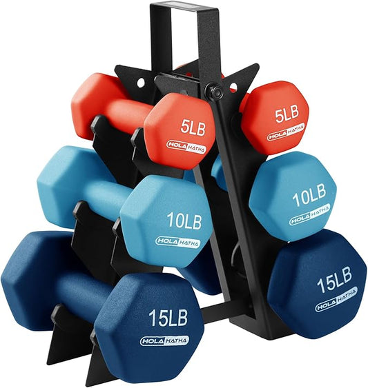 HolaHatha 2, 3, 5, 8, and 10 Pound Neoprene Dumbbell Free Hand Weight Set with Rack, Ideal for Home Exercises to Gain Tone and Definition, Pastel