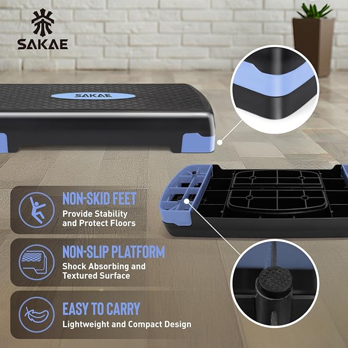 SAKAE Adjustable Aerobic Stepper Kit with Dumbbells & Kettlebell & Weightlifting Belt & Measuring Tape, 2 Level Risers Exercise Step Platform for Home Gym Exercise Fitness Workout, Multiple Colors