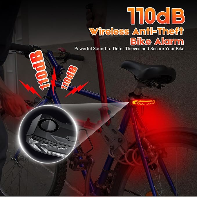 Smart Bike Tail Light with Turn Signals and Brake Light, Anti-Theft Bike Alarm with Remote, Bike Horn with USB-C Rechargeable, Auto ON/Off, IP65 Waterproof Bike Turn Signals Rear Light