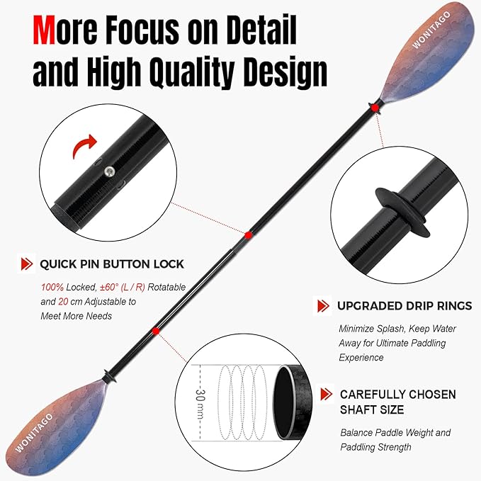 Kayak Paddle with Fiberglass Shaft and Reinforced Nylon Blade, Adjustable Kayaking Oars, 3 Piece, 230-250 cm/90-98 inches, 210-230 cm/82-90 inches