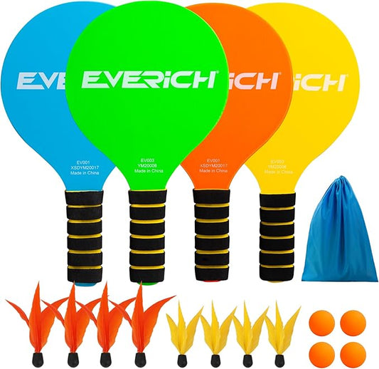 EVERICH TOY Paddle Ball Set, Badminton Set 4 Rackets, Great Gifts Easter Basket Stuffers for Kids Teens Adults and Family, Fun for Beach, Yard, and Lawn Play All Year Round