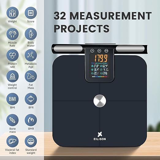 EILISON Smart Scale for Body Weight: 8-Electrode Precision Digital Bathroom Scale for Fat BMI 32 Muscle Body Composition Analyzer, Highly Accurate Weighing Machine, 400lbs (8 Electrode Grey Handle)