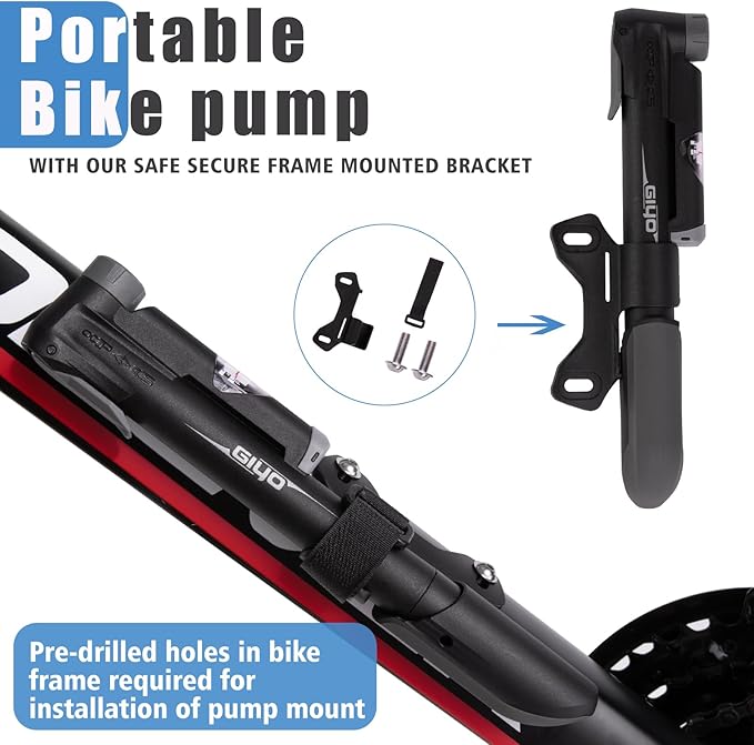 GIYO Mini Bike Pump, Portable Compact Bicycle Pump with Pressure Gauge, Tire Repair Kit, Perfect for Presta & Schrader Frame Mount for Road, Mountain & BMX Cycling, Ball Pump with Needle 120 PSI