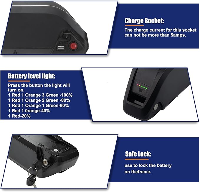 UAZ 36V 48V 52V Ebike Battery 4 Pin 10Ah 15Ah 20Ah Electric Bike Battery with 40A BMS Safe Lock, Led Indicator Light, for 200-1500W Motor Tricycle, Mountain Bicycle Batteries (48V15AH-4PIN)