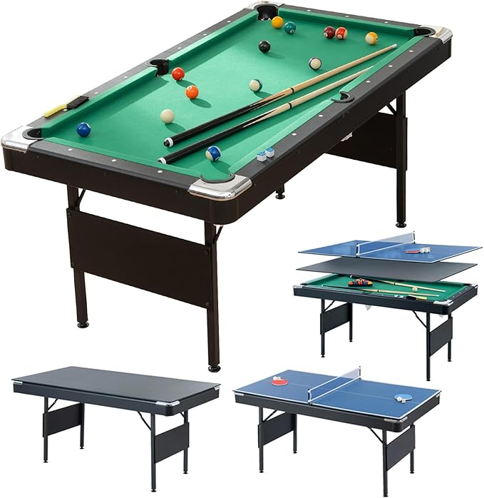 3 in 1 Pool Ping Pong Dining Combo, 65.75in Foldable Billiard/Table Tennis, Multi Game for Adults Kids, With Billiard and Tennis Paddles Accessories