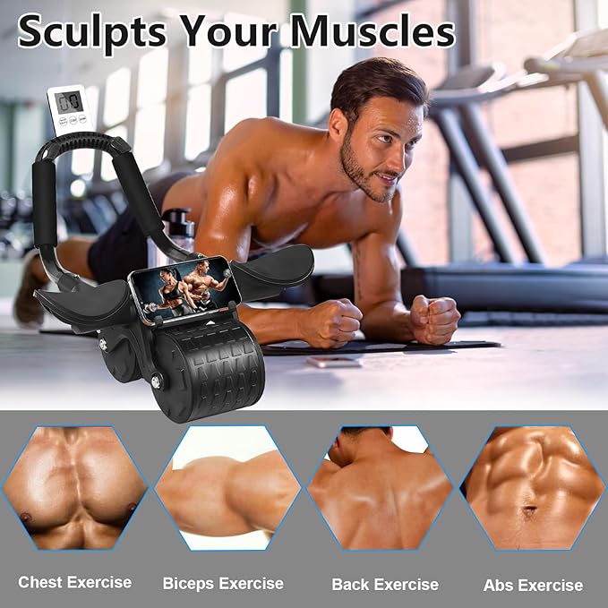 Bersauji 2025 New Ab Roller Wheel with Knee Mat &Timer, Automatic Rebound Abdominal Wheel, Ab Abdominal Exercise Roller with Elbow Support, Abs Workout Equipment Ab Exercise Roller for Women Men.