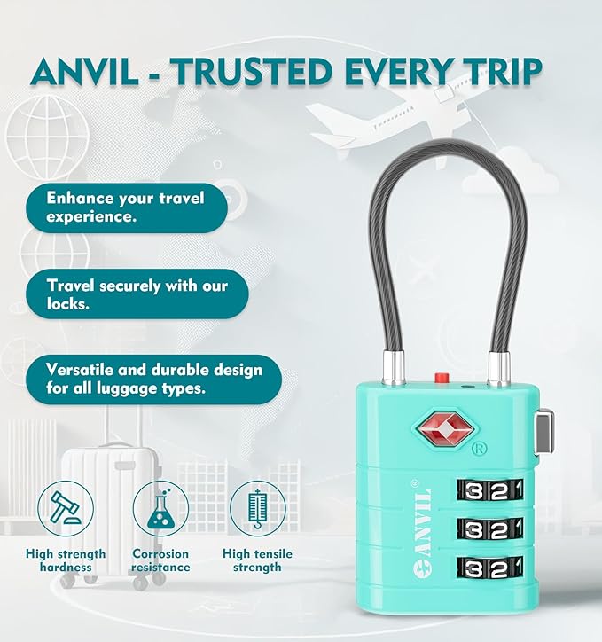 ANVIL TSA Approved Luggage Locks – High Security TSA008 Combination Travel Locks with Inspection Indicator for Suitcases and Backpacks. (3, Cyan)