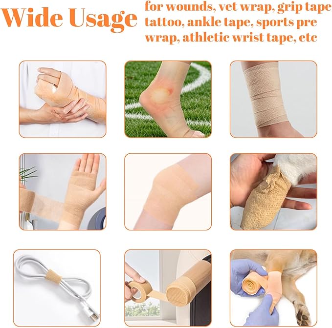24 Rolls Self Adhesive Bandage Wrap, Vet Wrap 2 Inch, Dogs Bandages for Wounds Care Dressings, Elastic Self Stick Cohesive Bandage Wrap, Leg Wraps, Wrist Tape, Ankle, Sports, Tatto Grip Tape(Brown)