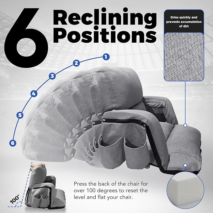 Wide Stadium Seats with Back Support, Exclusive Sofa Style Design Extra Thick Bleacher Chairs with Back and Cushion, 6 Reclining Positions - Ultimate Comfort for Sports Events (Grey, 22.5")