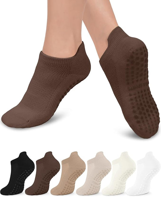 6 Pairs Grip Pilates Socks for Women, Non-slip Yoga Athletic Socks for Barre Ballet Barefoot Workout Hospital