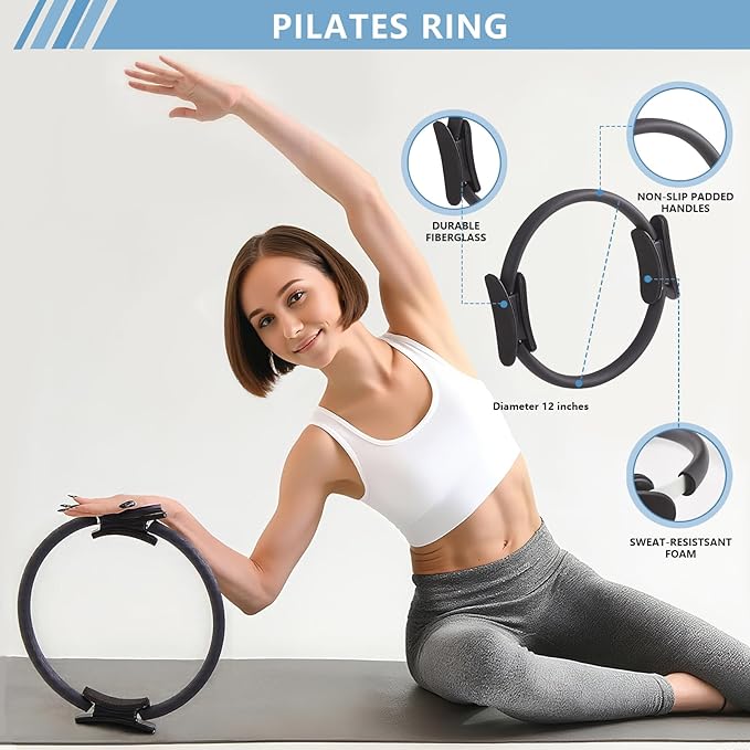 10 Pcs Pilates Equipment Present Pilates Ring Set with Yoga Ring Ball Stretching Strap Risistance Bands Block Gym Bag