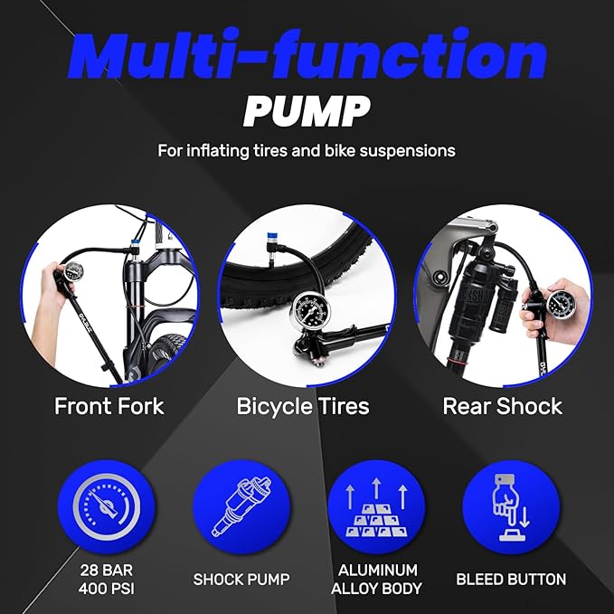 High Pressure Shock Pump: Bike Shock Air Pump with Gauge 400 PSI for Fork and Rear Bicycle Suspension,Mini Mountain Bicycle Pump Fits Schrader Valve