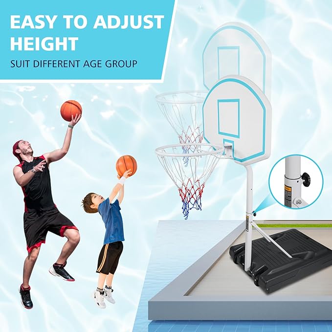 Pool Basketball Hoop, Adjustable Poolside Basketball Hoop with Wheels, Outdoor Height Adjustable Swimming Pool Basketball Goal Set, Perfect for Swimming Pool & Home Play