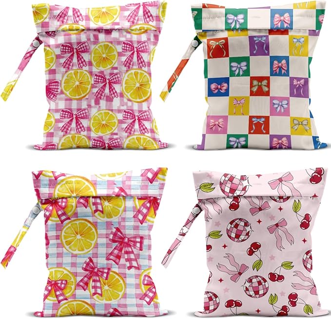 4 Pack Cute Colorful Checkered Plaid Bow Lemon Wet Bag Waterproof Washable Wet Dry Bag for Swimsuit Dirty Clothes Bathing Cloth Diaper Travel Beach Pool Yoga Gym Toiletries Travel Beach Essentials