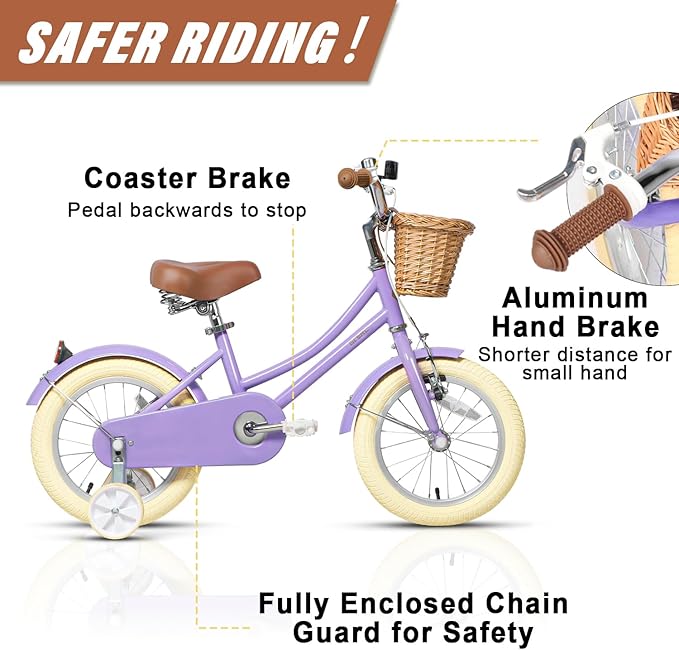 Glerc Little Molly 12-20 Inch Kids Retro Cruiser Bike for 2-13 Year Old with Wicker Basket & Training Wheels/Kickstand, Multiple Colors