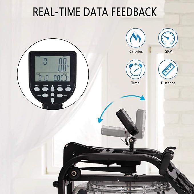 LUCKYERMORE Water Rowing Machine with LCD Monitor for Home/Gym, 265 Lbs Weight Capacity, Adjustable, Space Saving, Mobile, Double Track Indoor Rower Fitness, Black
