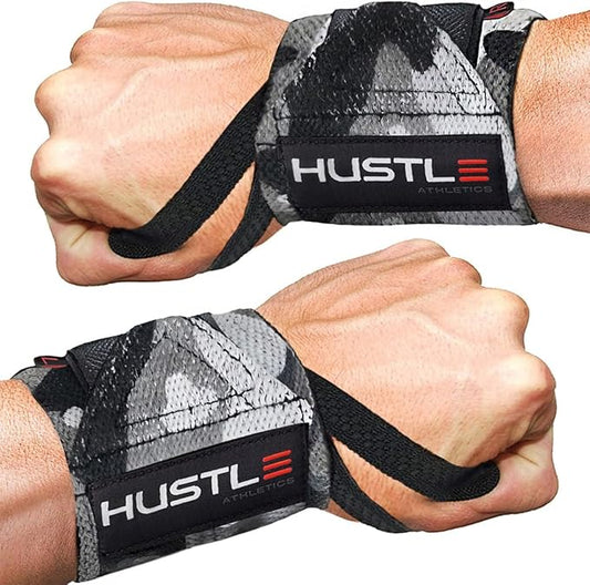 Hustle Athletics Wrist Wraps for Weightlifting, USPA-Approved Wrist Support Weight Lifting Wraps, Premium Hook-and-Loop, 12 in or 18 in Heavy-Duty Cotton-Elastic Support for Powerlifting & Bench Press