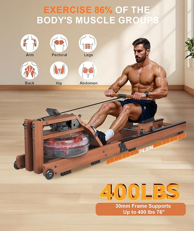 Rowing Machines for Home,Water Rowing Machine with Foldable Design,400LBS Capacity,LCD Monitor,Smooth Glide Rails,Comfortable Seat,Free App(Bluetooth) Supported for Immersive Water Rower&Home Gym