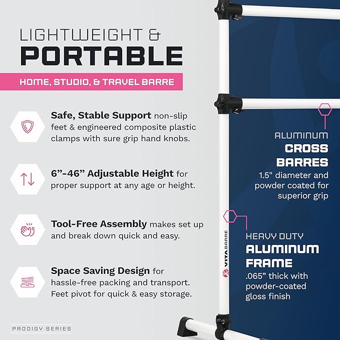 VITA Barre Portable Freestanding Double Ballet Barre, Prodigy, with Carry Bag | Adjustable Height, USA Made, Home or Gym Exercise Equipment for Kids & Adults | Dance, Fitness, Pilates