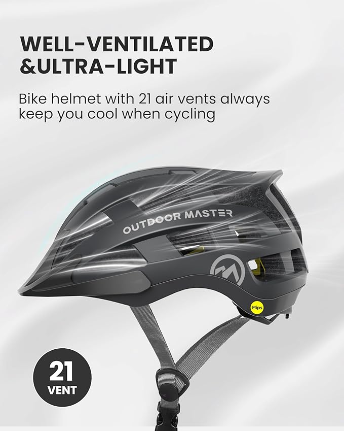 OutdoorMaster Gem II MIPS Bike Helmet with Light - Lightweight Cycling Helmet,Mountain Road Bicycle Helmet for Youth & Adult
