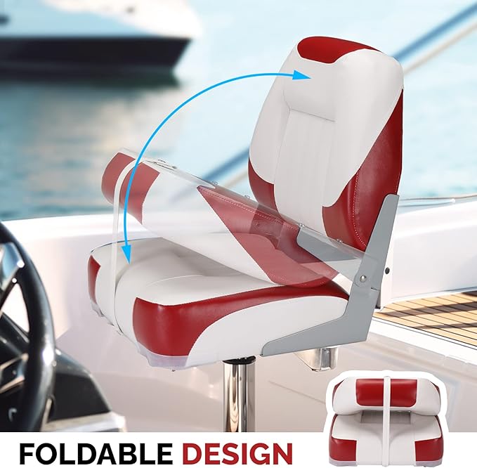 PEXMOR Boat Seats Low/High Back, Folding Boat Seat Included, Fold-Down Fishing Boat Seats Waterproof Captain Boat Seat w/Aluminum Hinges & Thick Soft Cushion, 2 Packs (Low Back-Red & White)