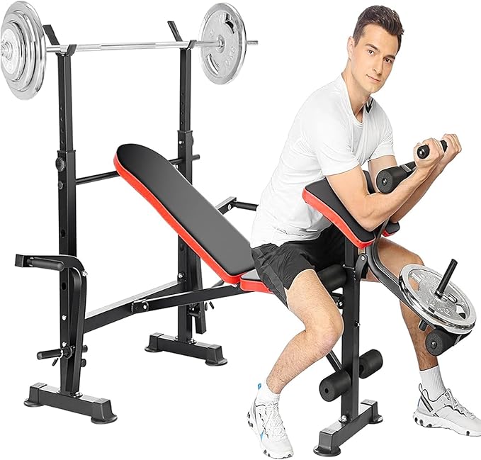 660lbs Weight Bench Set With Squat Rack, 6 in 1 Bench Press Set with Preacher Curl Pad, Weight Benches for Home Gym With Leg Extension, Foldable Incline Decline Workout Bench (Yellow)