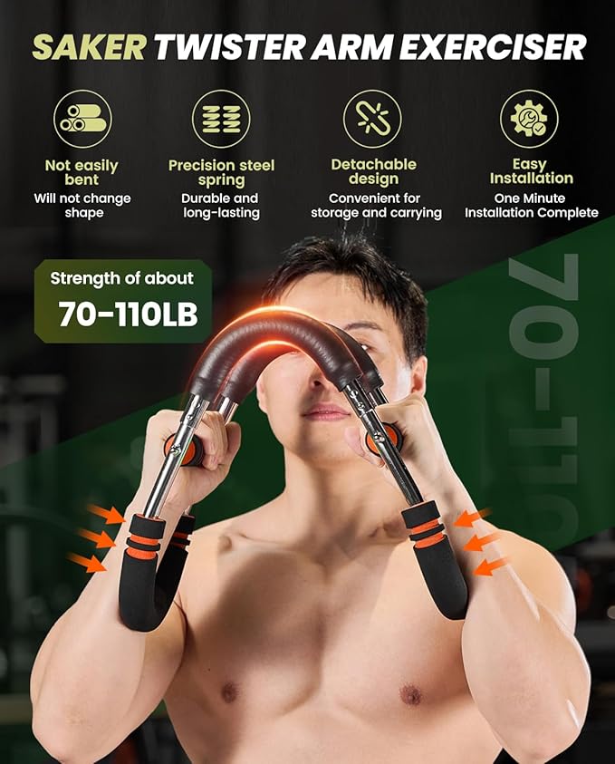 Saker Twister Arm Trainer, PowerTwist Arm Trainer, Adjustable Forearm Strengthener, Arm Exercise Equipment, Chest Workout Equipment, Portable Spring Resistance for Home Gym Equipment