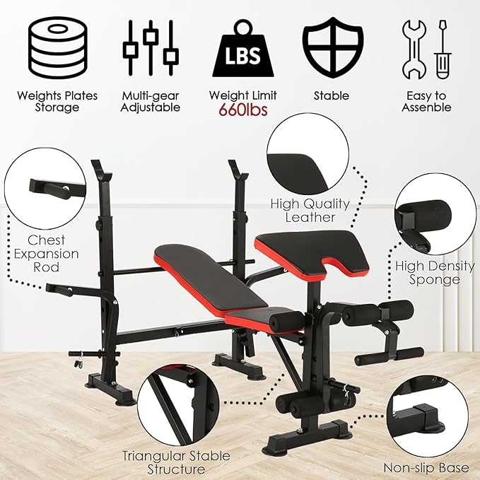 660lbs Weight Bench Set With Squat Rack, 6 in 1 Bench Press Set with Preacher Curl Pad, Weight Benches for Home Gym With Leg Extension, Foldable Incline Decline Workout Bench (Yellow)
