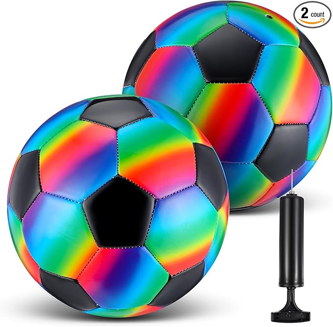 Retisee 2 Pcs Rainbow Soccer Ball with Pump Official Size Indoor Outdoor Soft Inflatable Soccer Sport for Child Teen Adult for Practice Game