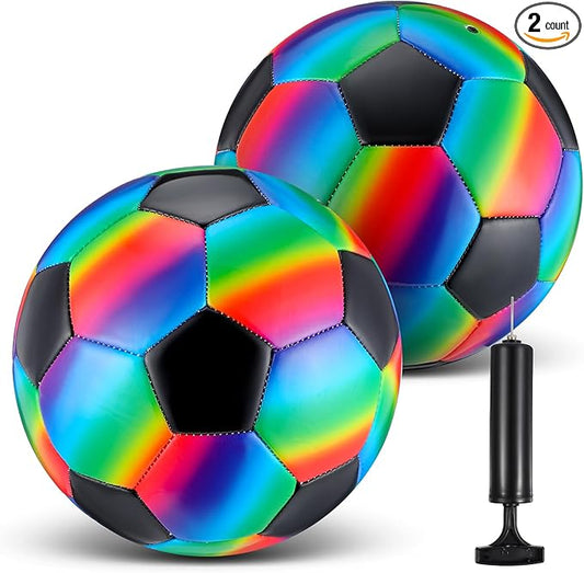 Retisee 2 Pcs Rainbow Soccer Ball with Pump Official Size Indoor Outdoor Soft Inflatable Soccer Sport for Child Teen Adult for Practice Game