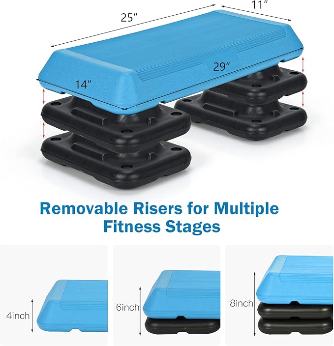 Goplus 29'' Workout Aerobic Stepper, 4”-6”-8” Height Adjustable Step Platform w/ 4 Risers, Non-slip Non-Stick Stepping Surface for Home Gym Exercise Fitness