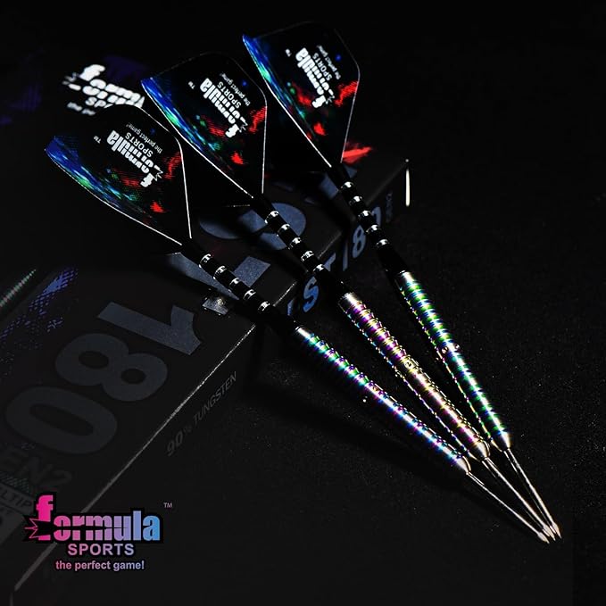 Formula Sports 90% Tungsten Steel Tip Darts Set - Professional Darts Metal Tip Set Available in 21g/22g/23g/24g, with Aluminum Shafts, Tungsten Barrels, Extra Flights, Sharpener, Carrying Case