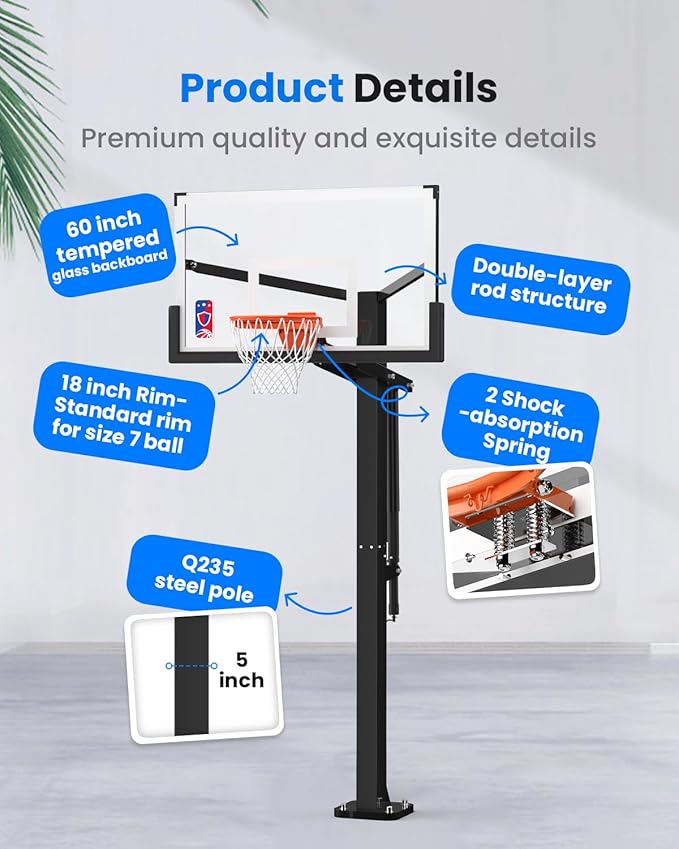 IGL In-Ground Basketball Hoops with 54-60 Inch Tempered Glass Backboard,7.5-10ft Height Adjustable Basketball Goal System, Reinforced and Thickened Square Tube Iron Steel