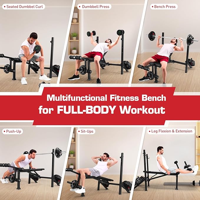 ANCHEER Weight Bench Set with Squat Rack - 900LBS Adjustable Bench Press with Leg Extension and Leg Curl, Incline Decline Flat Workout Bench for Home Gym Strength Training