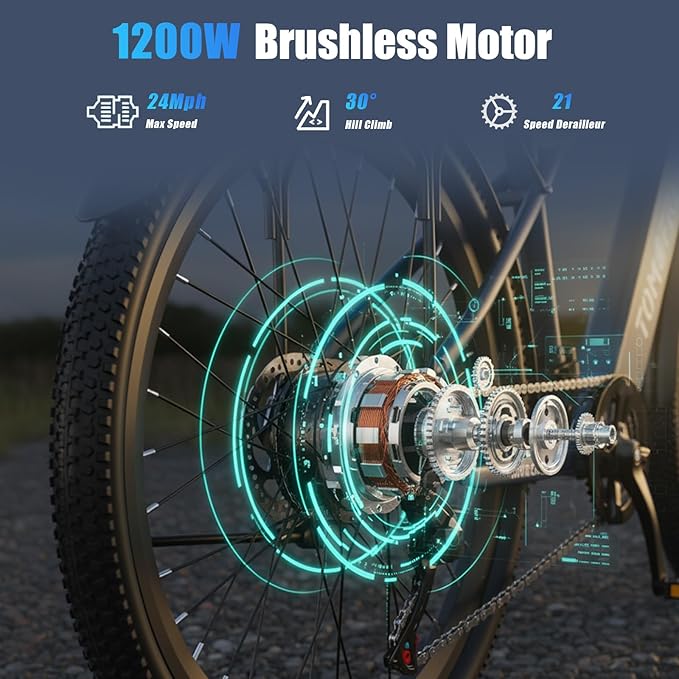 Tomofree Electric Bike for Adults, 21-Speed Mountain Ebike, Peak 1200W 24MPH Brushless Motor, Up to 30 Miles 37V Battery, 26X2.1 Tires Step-Over Electric Bycicle for Commute
