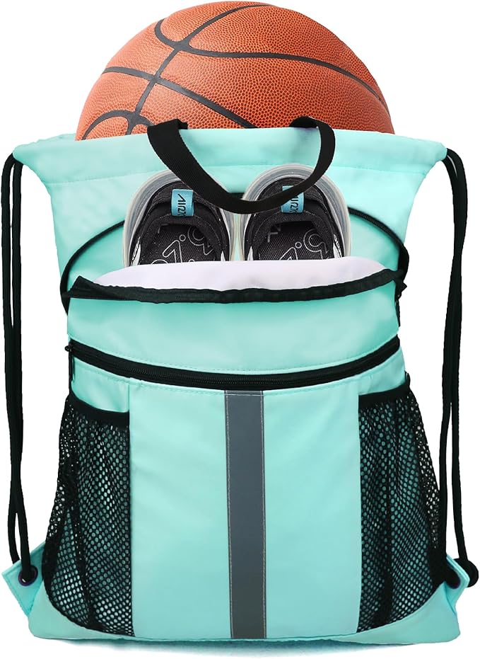 BeeGreen Drawstring Backpack Bag with Shoe Compartment, X-Large Black Gym Sports String Cinch Backpack