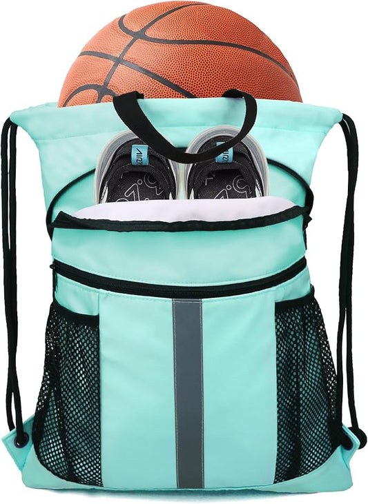 BeeGreen Drawstring Backpack Bag with Shoe Compartment, X-Large Black Gym Sports String Cinch Backpack