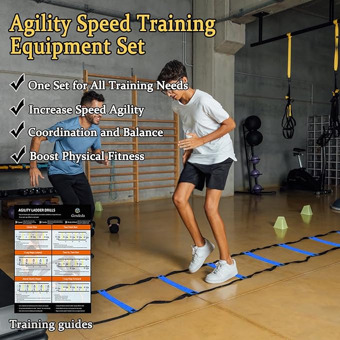 Agility Ladder Speed Training Equipment Set-20ft Agility Ladder 4 Adjustable Hurdles Running Parachute Jump Rope Speed Training Equipment for Soccer Football Basketball