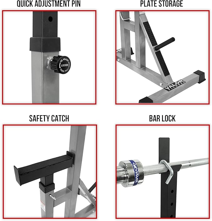 Valor Fitness Independent Squat and Bench Press Stands – Adjustable Uprights with J-Hooks, Bar Catches, Safety Arms, and Plate Storage – Strength Training Rack for Home Gym Workouts