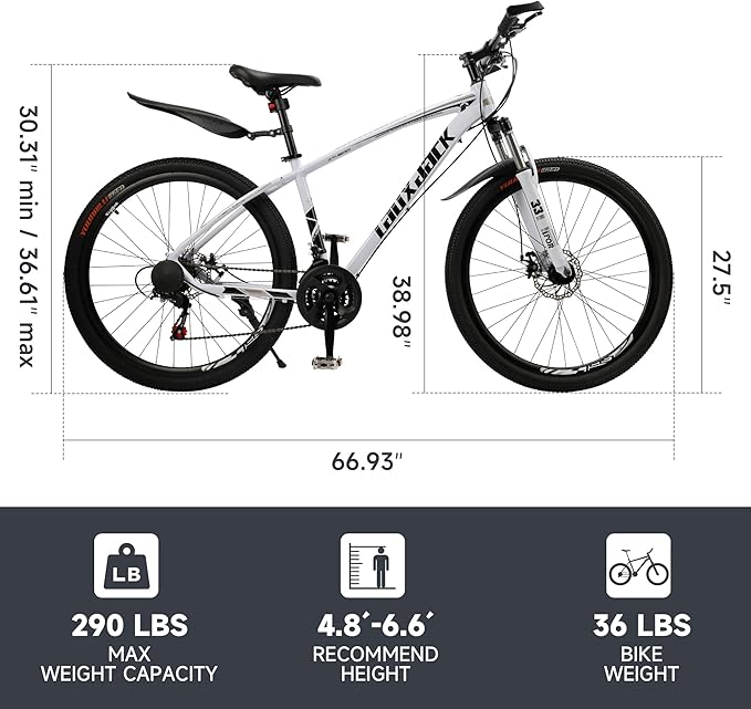 Bruce & Shark 27.5" Mountain Bike, 21-Speed Aluminum Alloy Frame, Front Suspension, Mechanical Disc Brakes, Men/Women All-Terrain Bicycle with Bike Lock & Pump