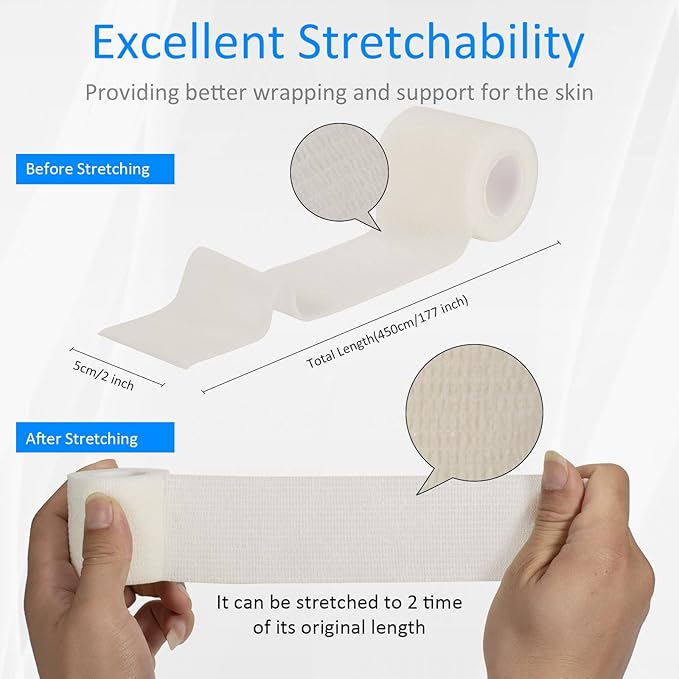 24 Pack Self Adherent Cohesive Wrap Bandages Non Woven Cohesive Bandage Elastic Self Adhesive Bandage Wrap Sports Athletic Tape First Aid Tape for Wrist Ankle Pet Vet Wrap Grip Cover 2 inch (White)