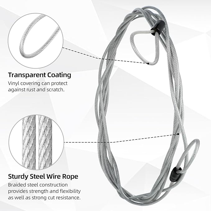 DELSWIN Security Steel Cable with Loops - 3mm (1/8 inch) Thick 15FT Heavy Duty Safety Wire Bike Lock Cable Vinyl Coated Braided Cable for Luggage,Ropes of Metal