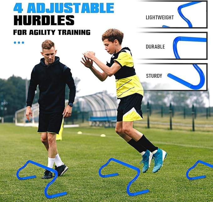 Agility Training Equipment, Soccer Training Equipment, Agility Speed Training Set for Kid Youth Adult, 20FT Agility Ladder, 4 Hurdles,12 Soccer Cones, Jump Rope, Running Parachute, Drill Charts