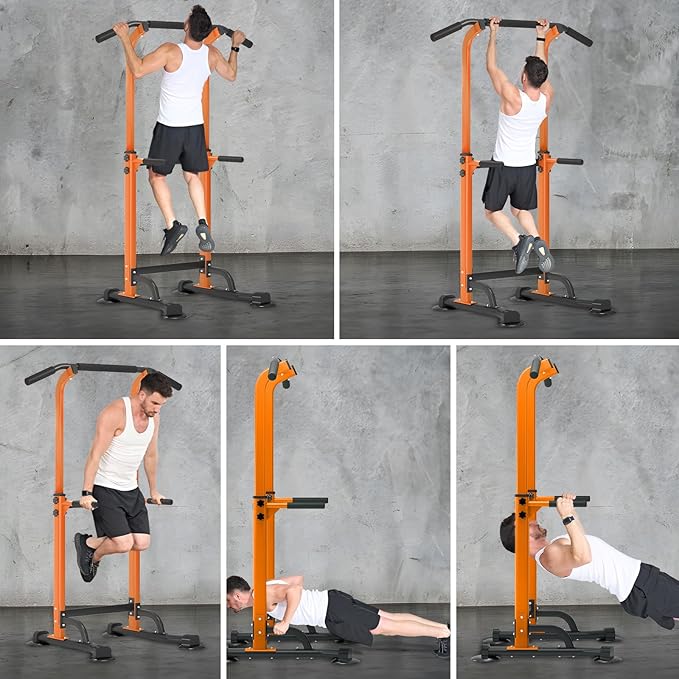 Dland Power Tower Pull Up Bar Dip Station and Height Adjustable Dip Bar Stand, Multi-Function Home Gym Exercise Equipment Strength Training Fitness Workout Station