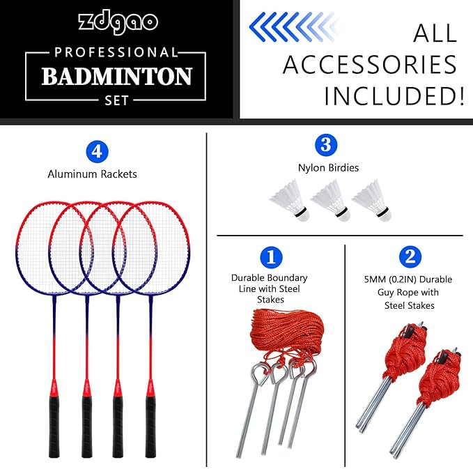 Zdgao Badminton Sets for Backyard, Portable Badminton Net with Tension Adjuster, Badminton Racket Set of 4, 3 Nylon Shuttlecocks, Boundary Line and Carry Bag for Backyard Beach Family Games