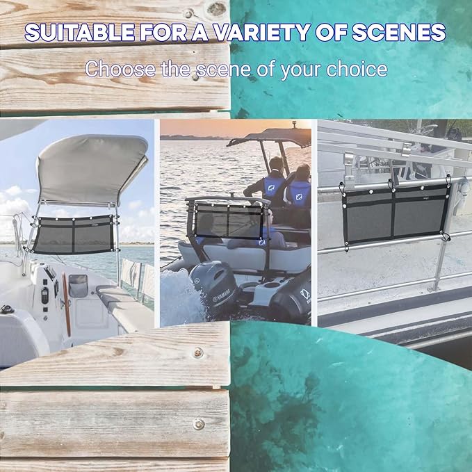 Boat Storage Bag,Polyester Boat Mesh Suspended Storage Bag,Black Boats Storage Mesh Pocket,Boat Seat Storage Bag for Leaning Post with 6 Positioning Elastic Loops. (32" L x 15" W (2 Pockets))