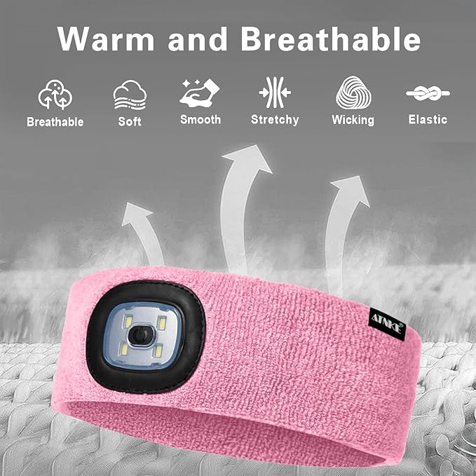 ATNKE 4 LED Lighted Sport Sweatband,USB Rechargeable Running Head Band Lamp High Stretch Wicking Gifts for Men and Women