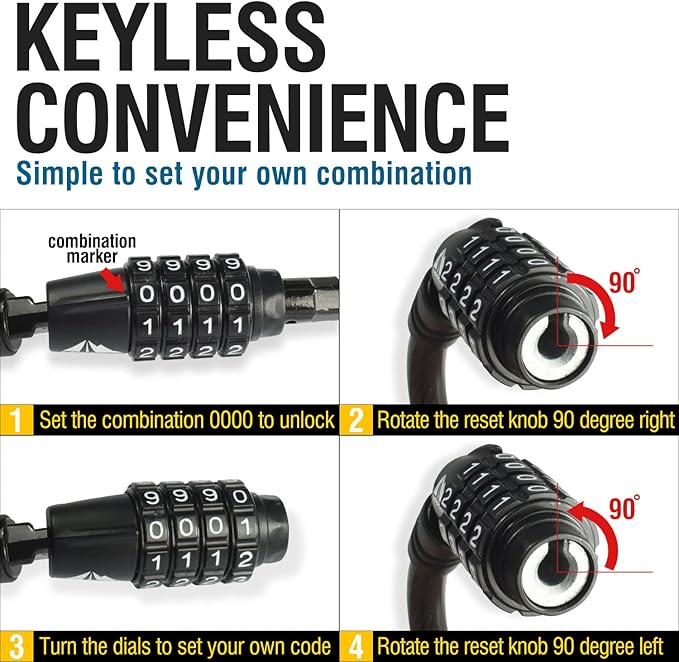 MARQUE Combination Bike Lock Cable- 3/8 inch (5FT, 10FT, 15FT, 25FT) Resettable Combination Lock, Anti-Theft Coiled Secutiry Cable for Bicycles, Kayaks, Paddle Boards, Gates and Outdoor Gear (10 FT)